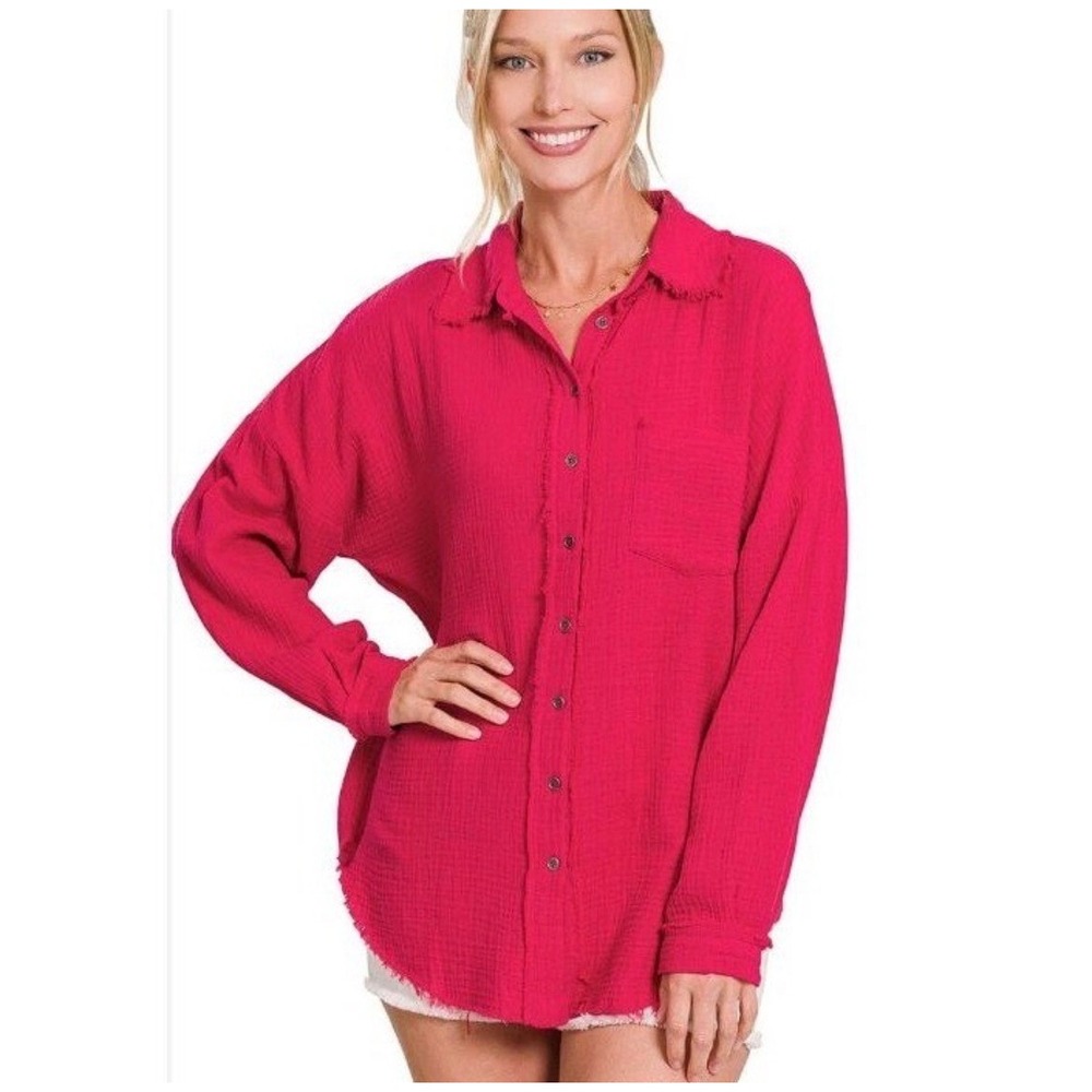 Zenana Double Gauze Raw Hem Hot Pink Button Down Shirt Oversized Women's Small